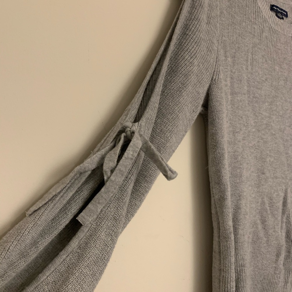 Grey Cutout Arm Tie Balloon Sleeve Sweater
